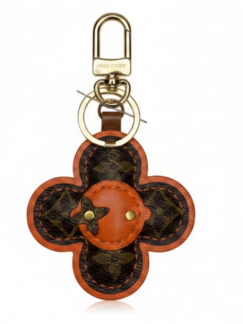 Upcycled Louis Vuitton Luxury Floral Leather Keychain - Orange & Brown